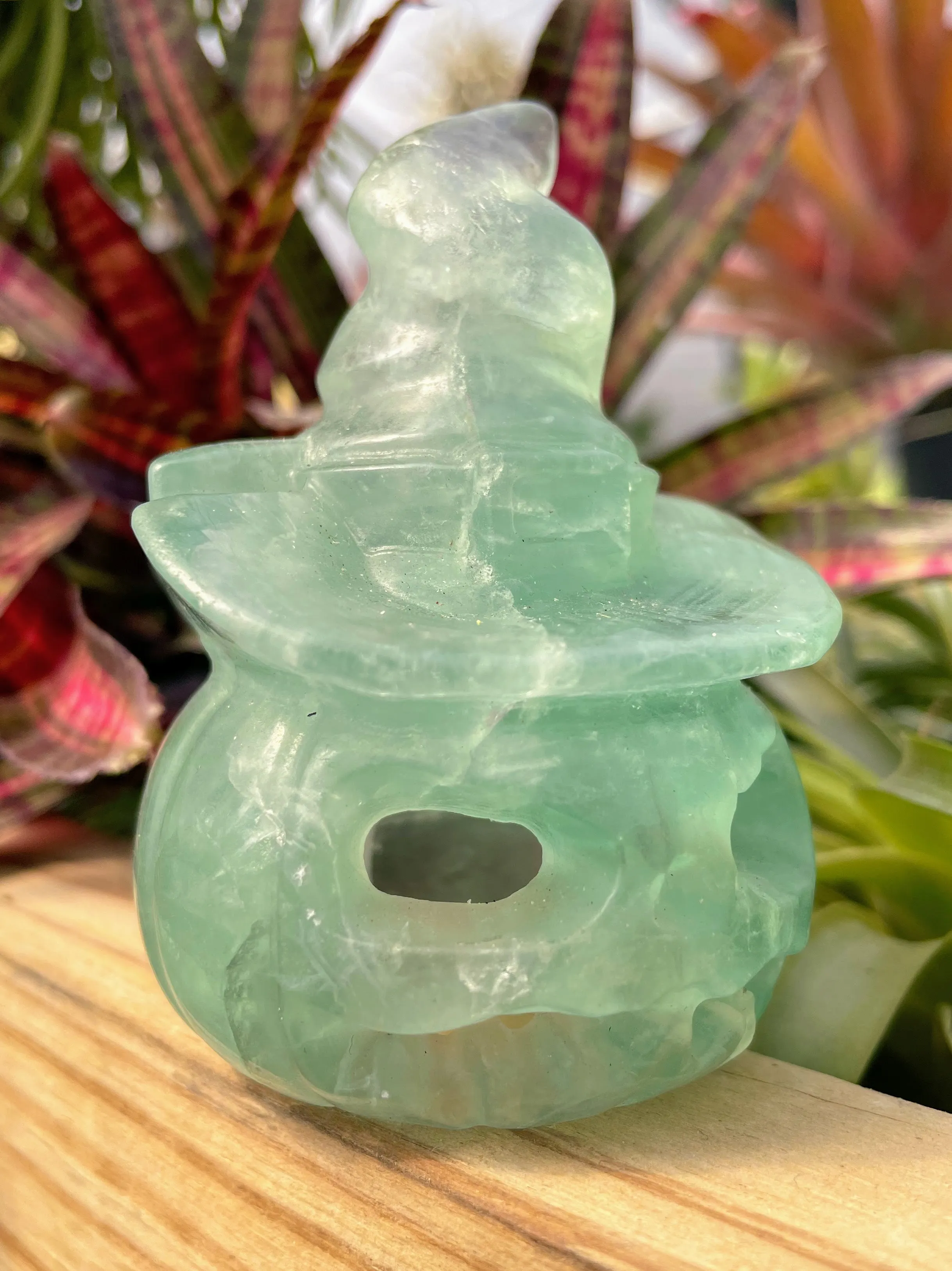 Green Fluorite Jack-O'-Lantern Crystal Carving