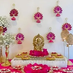 Handmade Wall Decor Lotus with jhumki Style Hanging for Home Decor,Diwali Decor,Wedding and All Festival Decor (6 PCS - Pink/Raani). Export Quality Lotus.Perfect for Temple/Pooja Decor