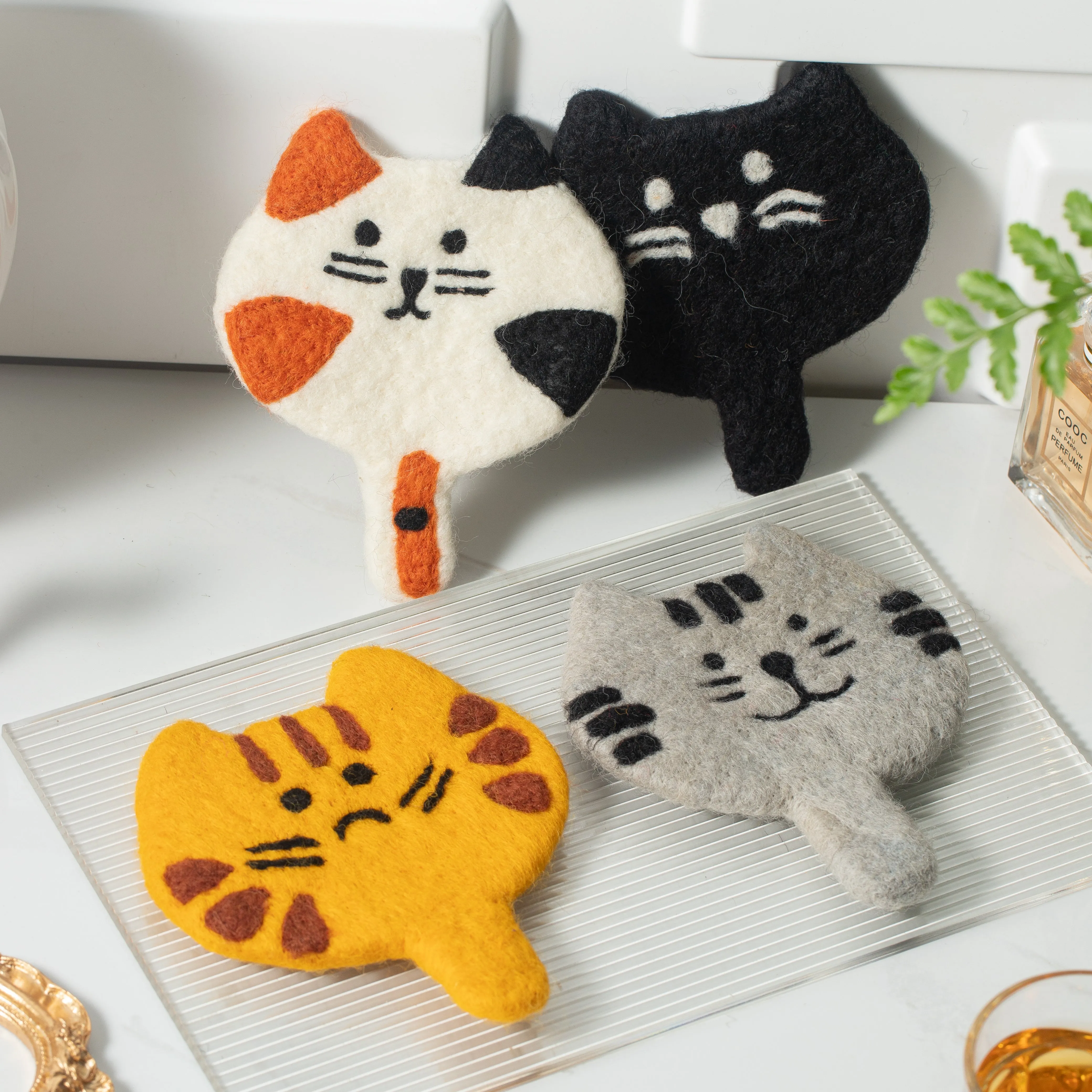 Handmade Wool Felt Kitty Cat Cup Coasters- Made in Nepal - Cute and Functional Home Decor