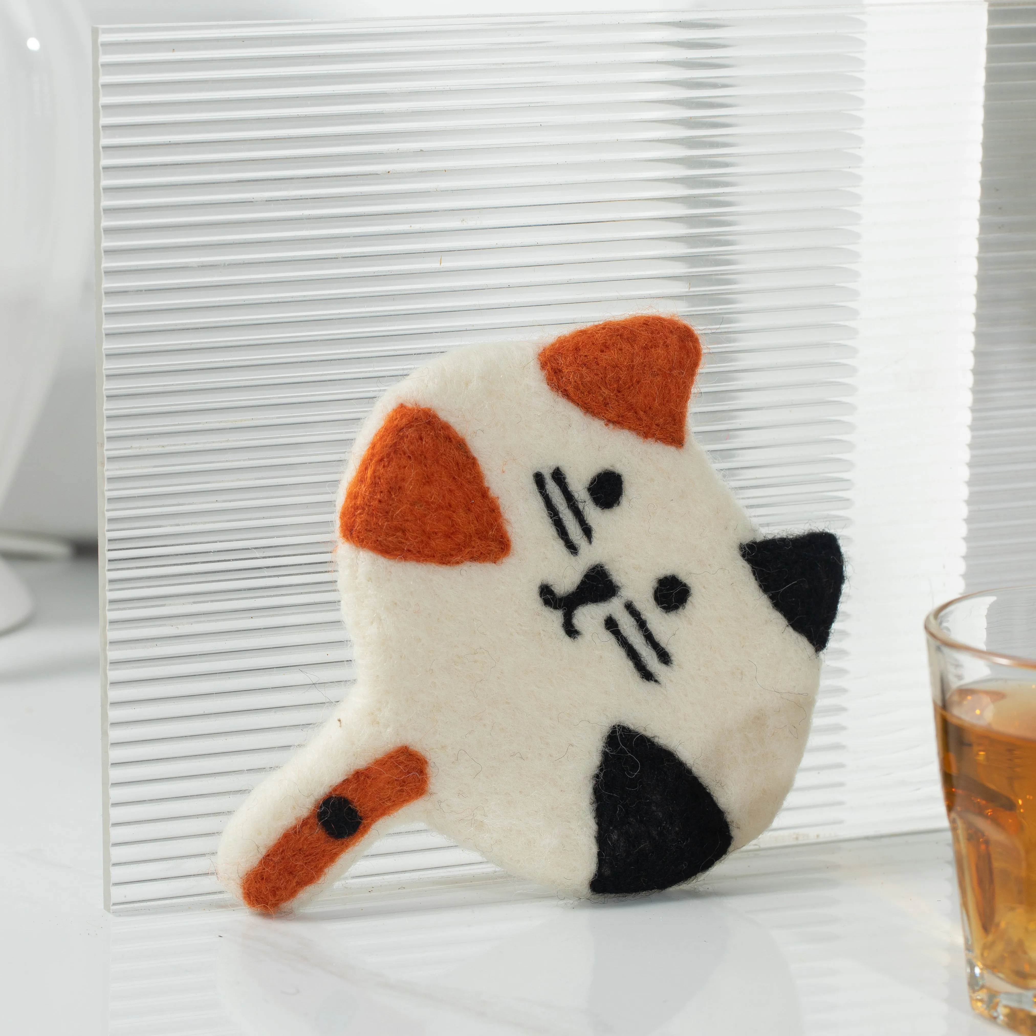 Handmade Wool Felt Kitty Cat Cup Coasters- Made in Nepal - Cute and Functional Home Decor