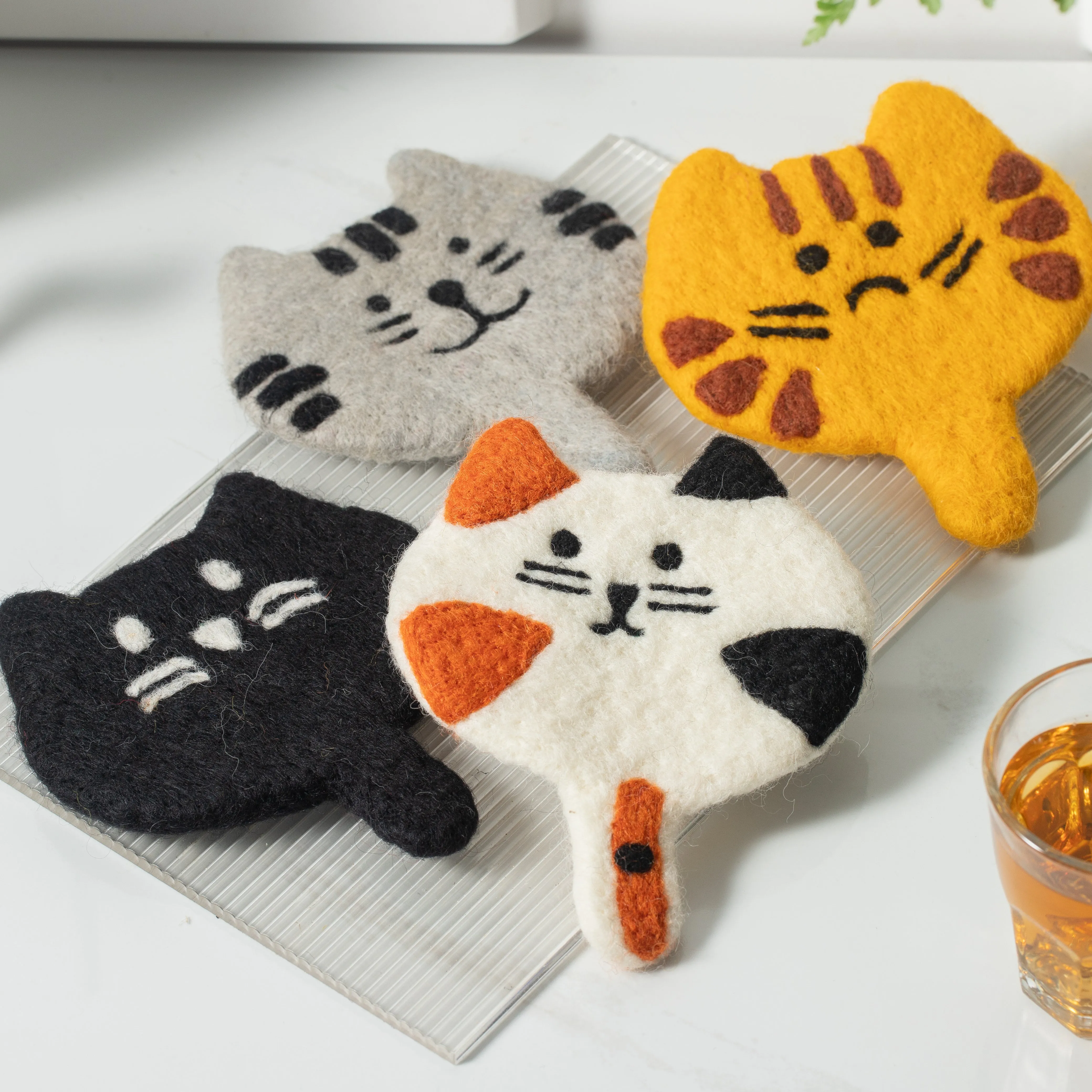 Handmade Wool Felt Kitty Cat Cup Coasters- Made in Nepal - Cute and Functional Home Decor