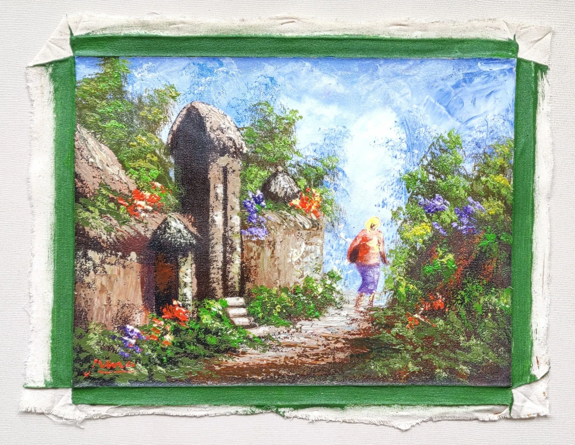 Home Decor: Wall Hangings. Colourful Textured Painting of a Village Street Scene. Unframed