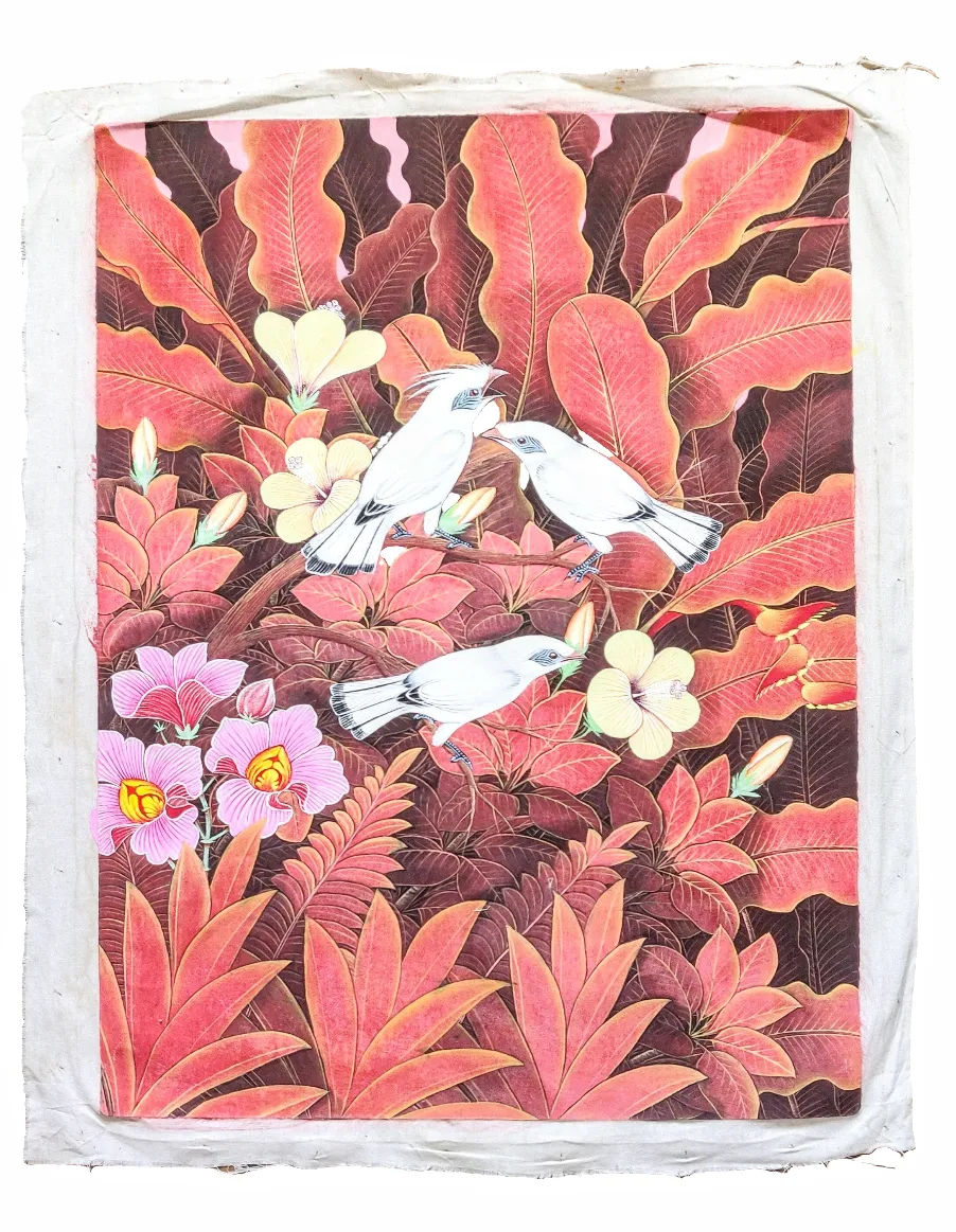 Home Decor: Wall Hangings. Large Colourful Painting of Starling Birds in the jungle. Pengosekan style. 91 cm by 68 cm.