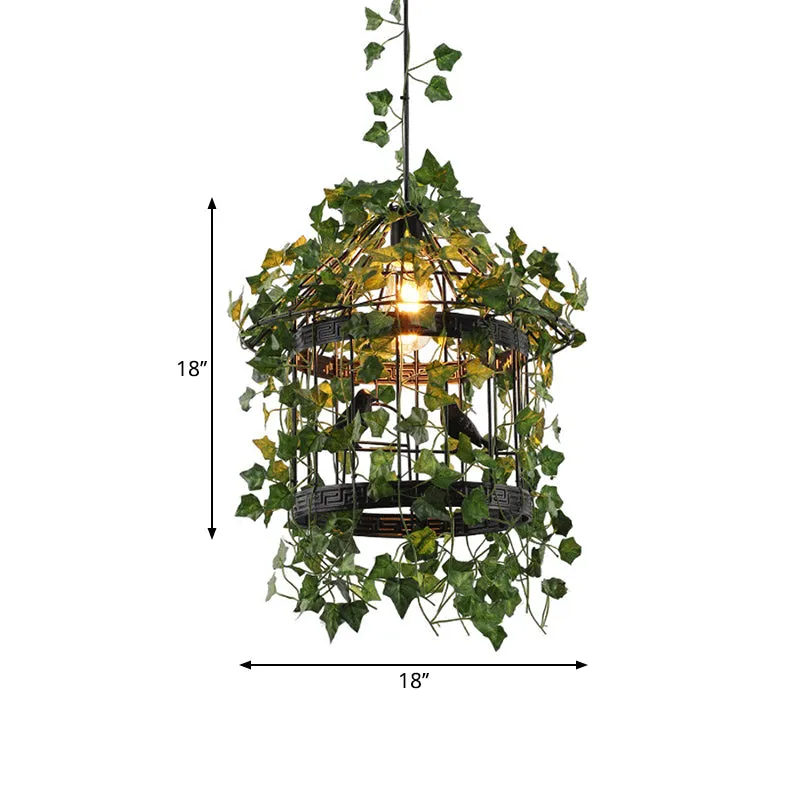 Industrial Black Birdcage Pendant Light with Leaf Deco - 1-Light Metal Suspension Lamp for Dining Room