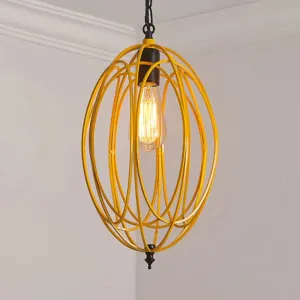 Industrial Gray/Red Oval Cage Hanging Pendant Light with Adjustable Chain - 1 Bulb - Ideal for Restaurants, Metallic Design