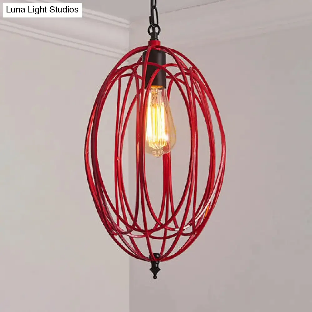 Industrial Gray/Red Oval Cage Hanging Pendant Light with Adjustable Chain - 1 Bulb - Ideal for Restaurants, Metallic Design