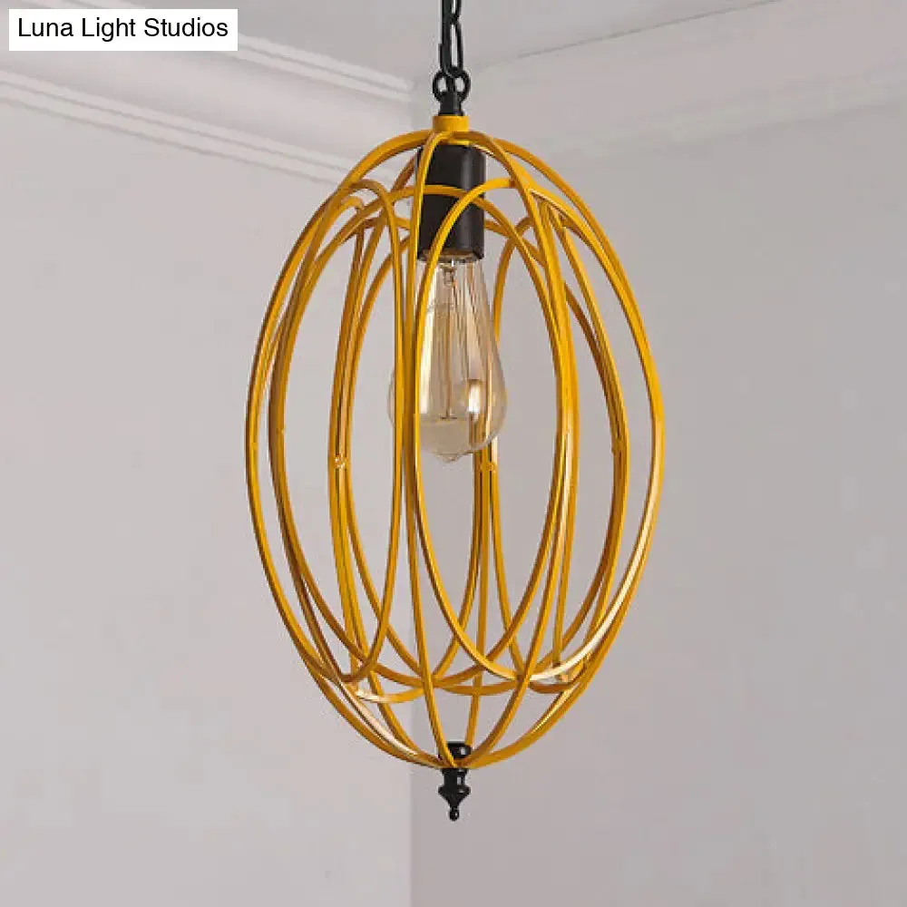 Industrial Gray/Red Oval Cage Hanging Pendant Light with Adjustable Chain - 1 Bulb - Ideal for Restaurants, Metallic Design