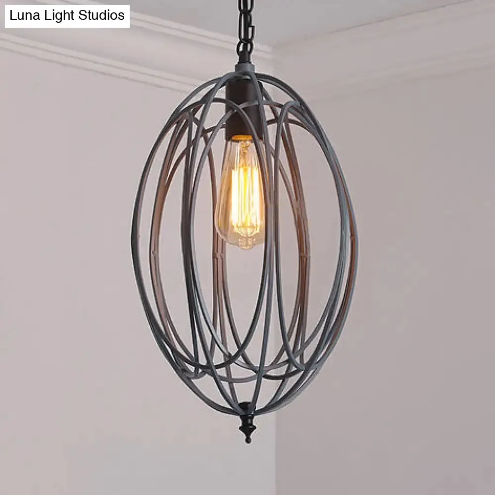 Industrial Gray/Red Oval Cage Hanging Pendant Light with Adjustable Chain - 1 Bulb - Ideal for Restaurants, Metallic Design