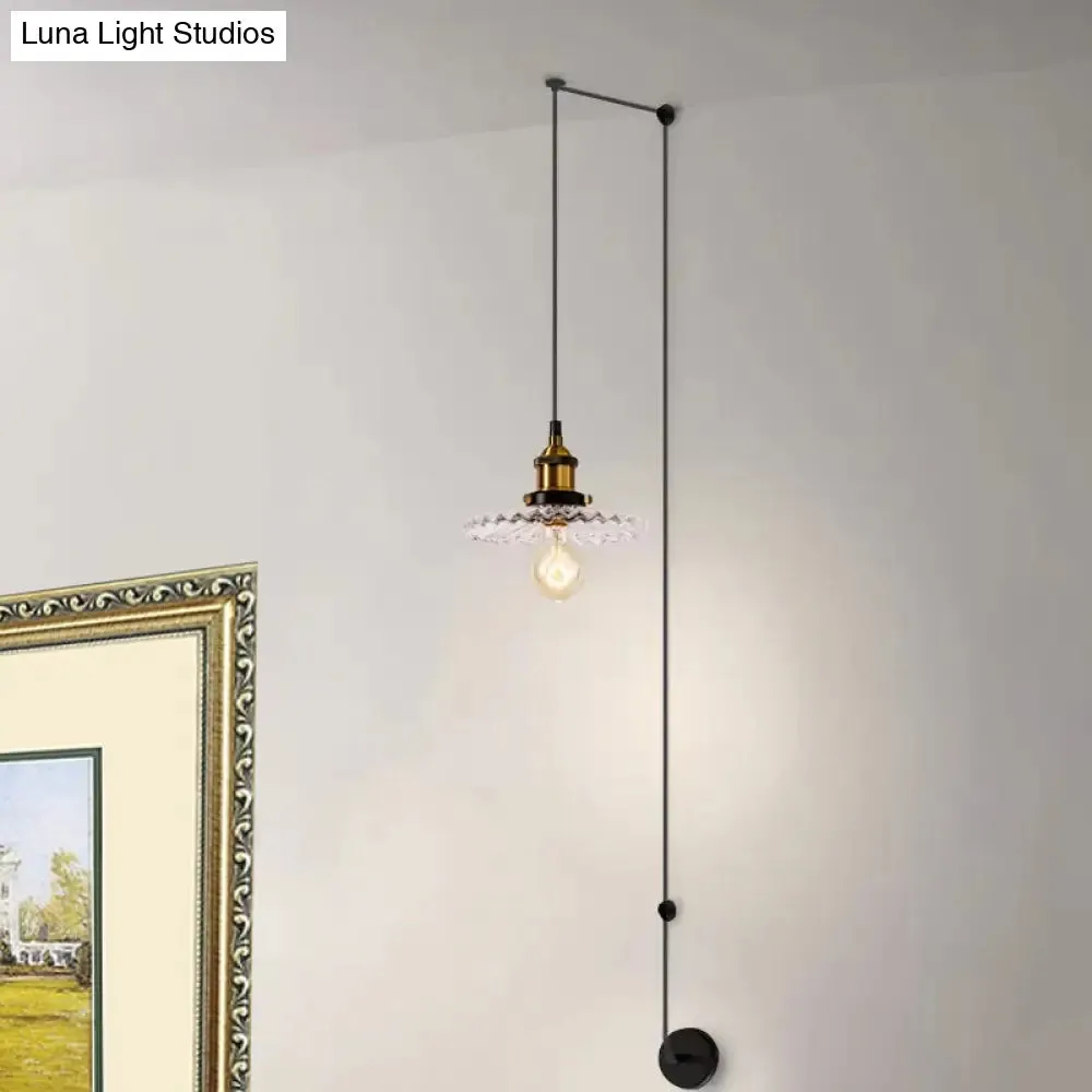 Industrial Ribbed Glass Cone Hanging Lamp - Brass Pendant Light for Indoor