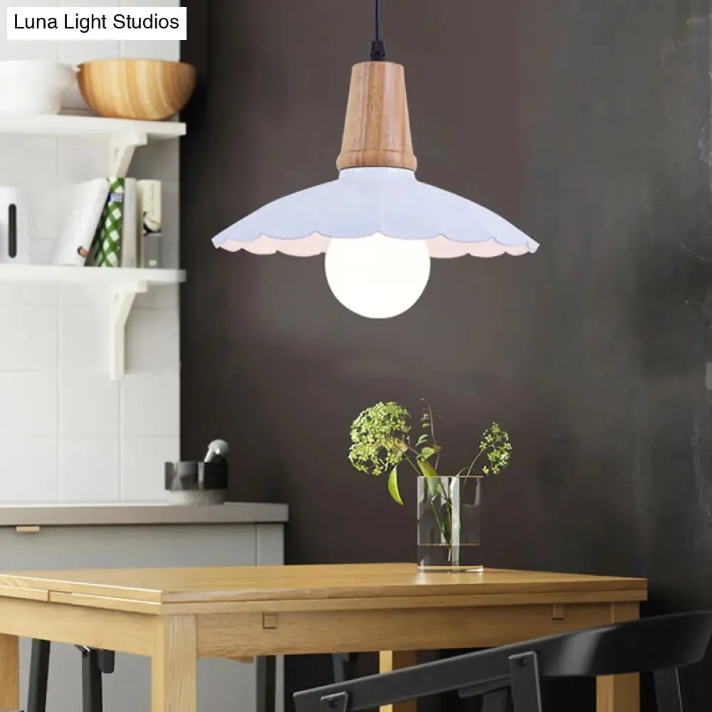 Industrial Scalloped Metal Hanging Pendant Light with Wooden Cap - White/Black