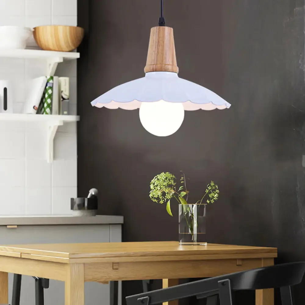 Industrial Scalloped Metal Hanging Pendant Light with Wooden Cap - White/Black