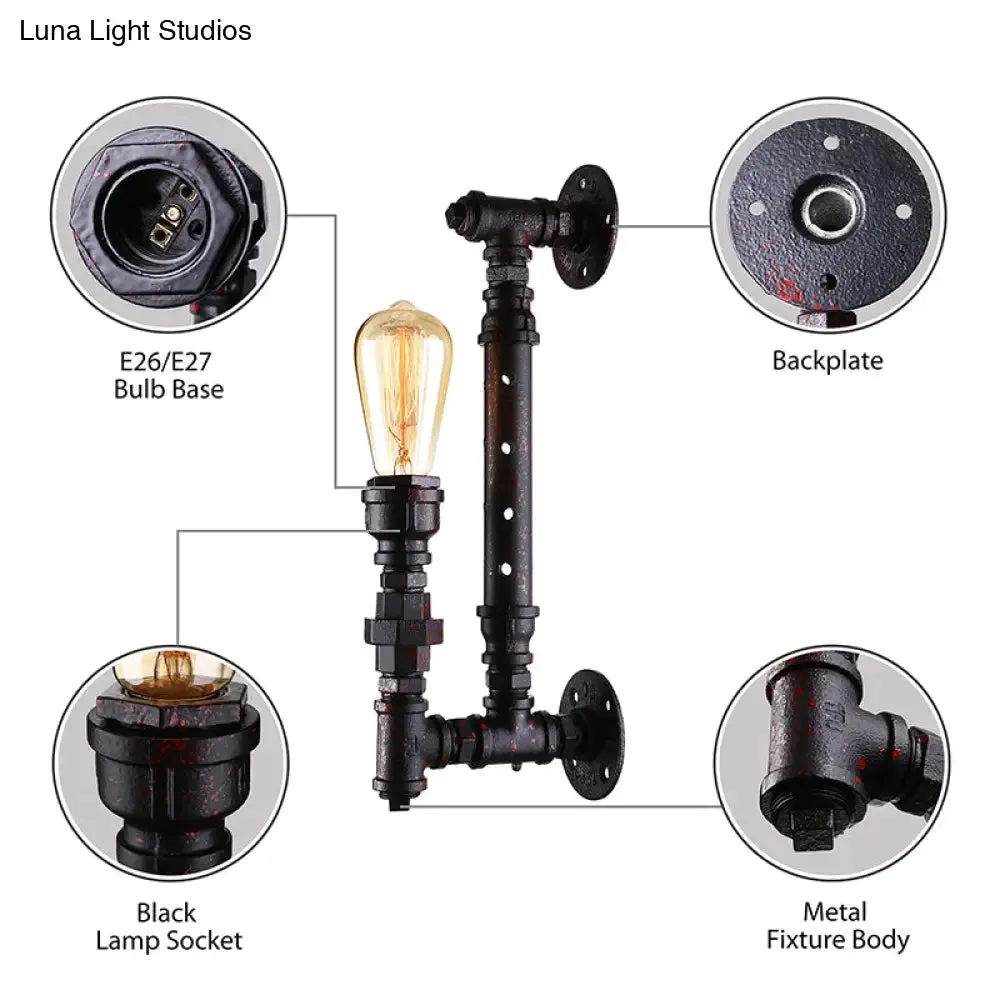 Industrial Wrought Iron Wall Sconce with Bronze Finish & Water Pipe - 1-Light Indoor Lighting