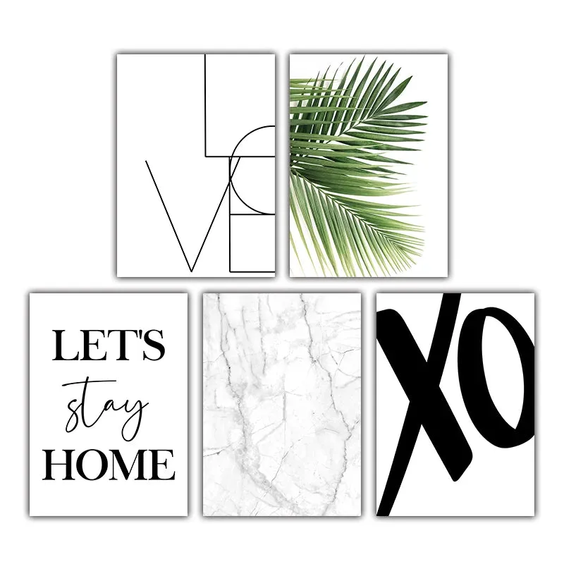 Let's Stay Home Minimalist Black White Marble Fern Leaf Wall Art Fine Art Canvas Prints Gallery Wall Pictures For Living Room Simple Home Decor