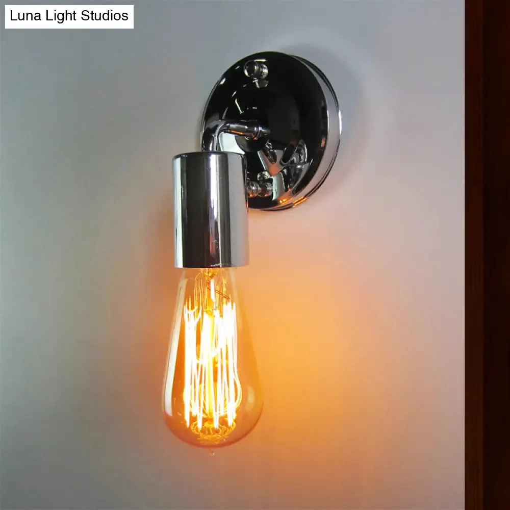 Mini Polished Chrome Industrial Metal Wall Sconce - Bedroom Wall Mount Light with Open Bulb