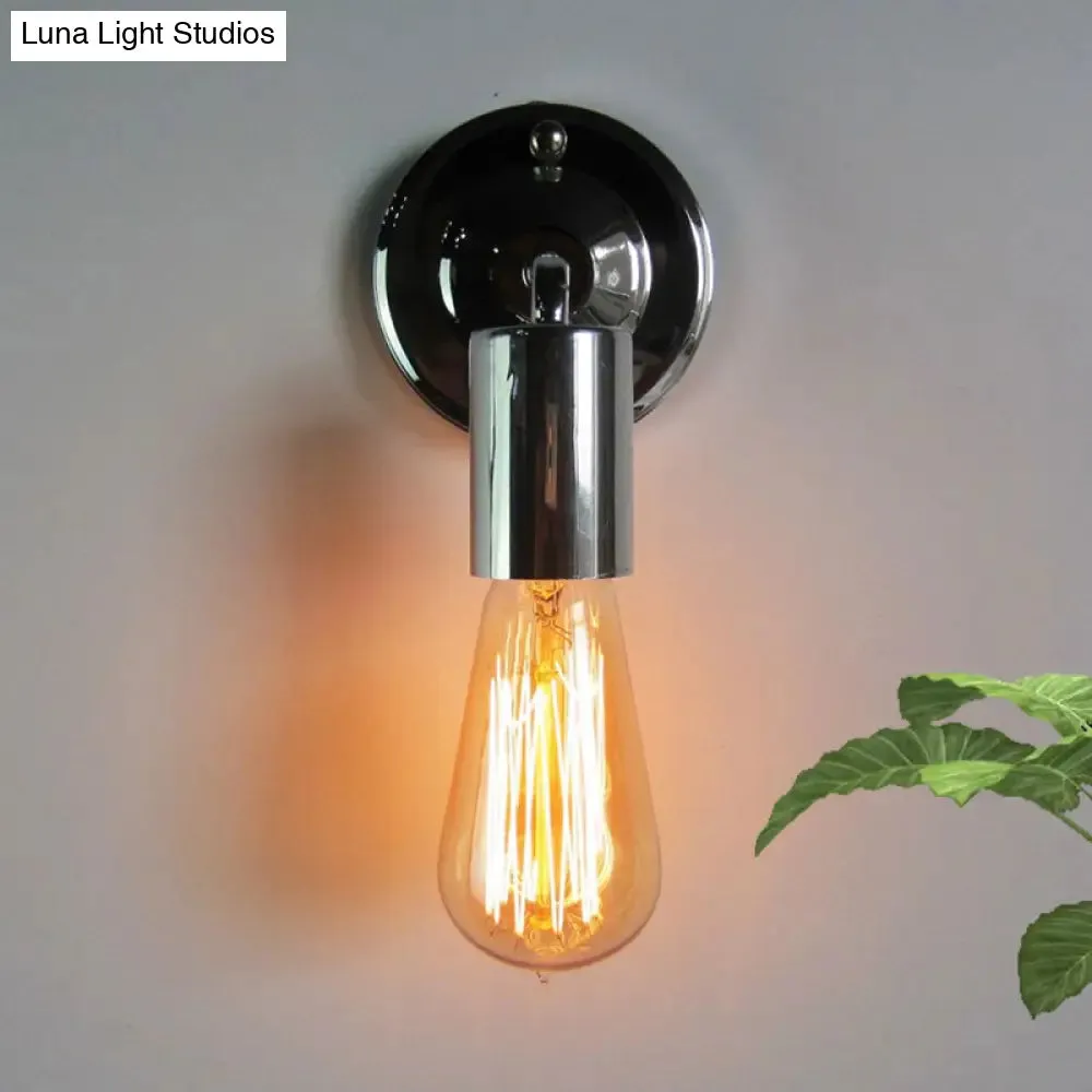 Mini Polished Chrome Industrial Metal Wall Sconce - Bedroom Wall Mount Light with Open Bulb