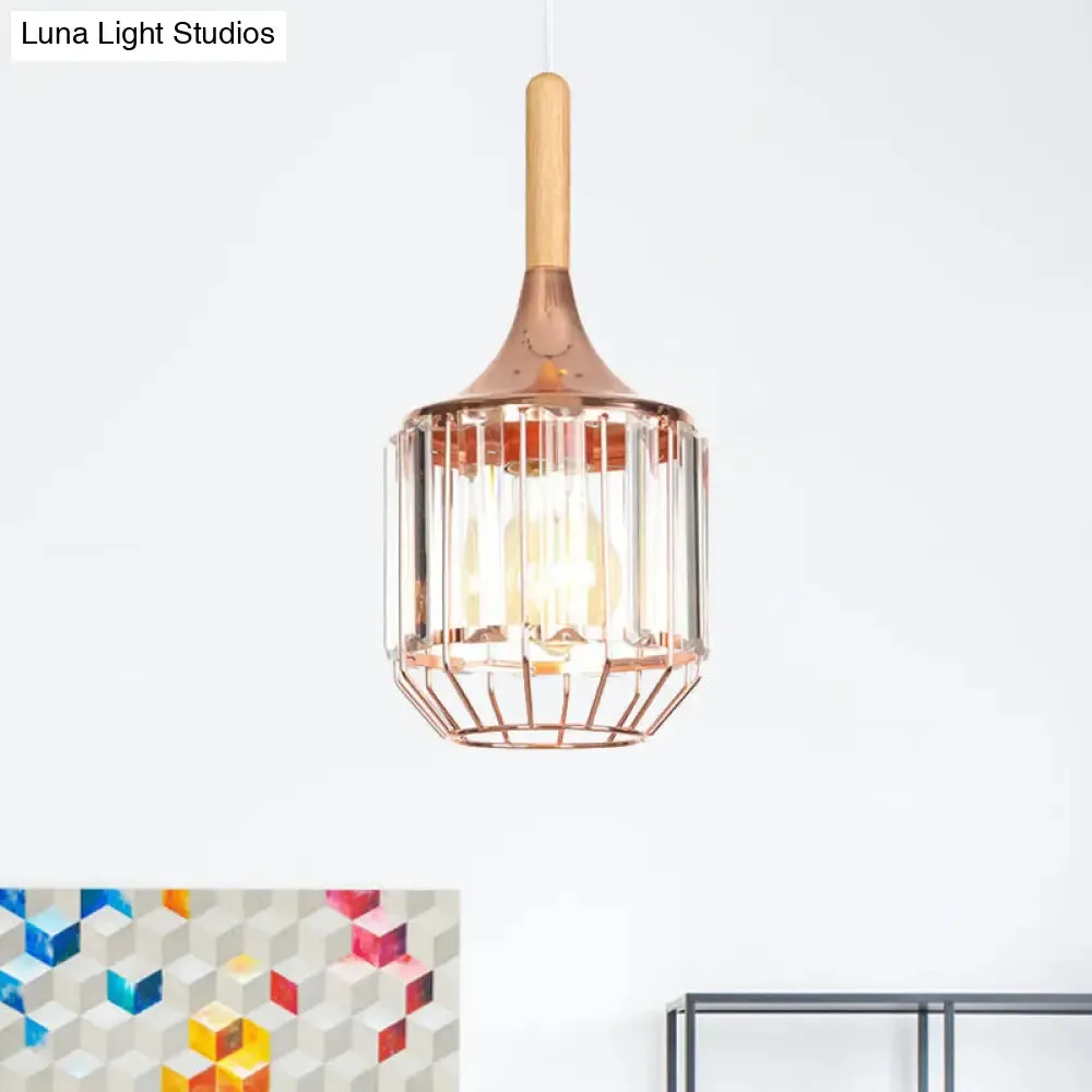 Modern Rose Gold Drum Pendant Light with Metal Cage for Corridor