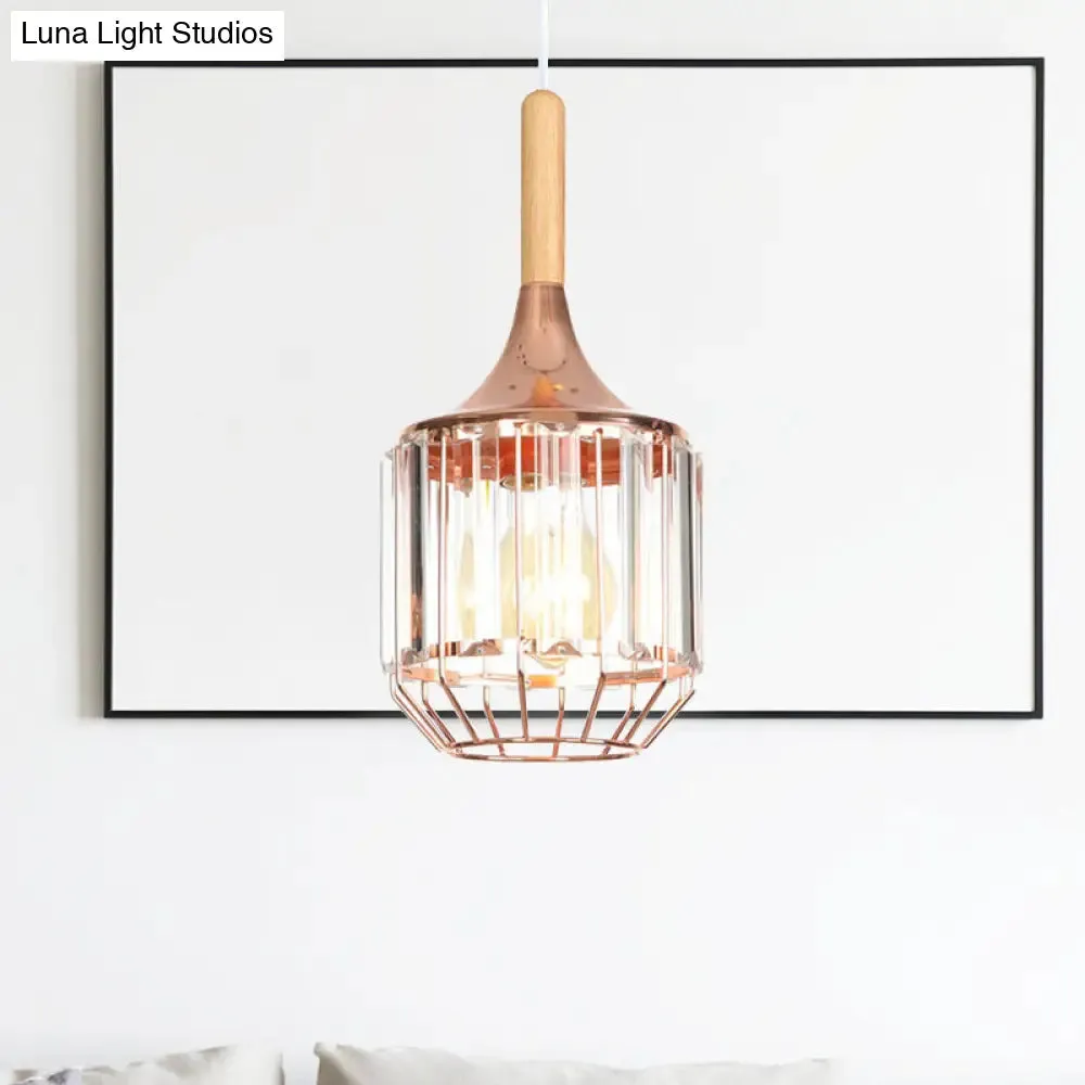 Modern Rose Gold Drum Pendant Light with Metal Cage for Corridor