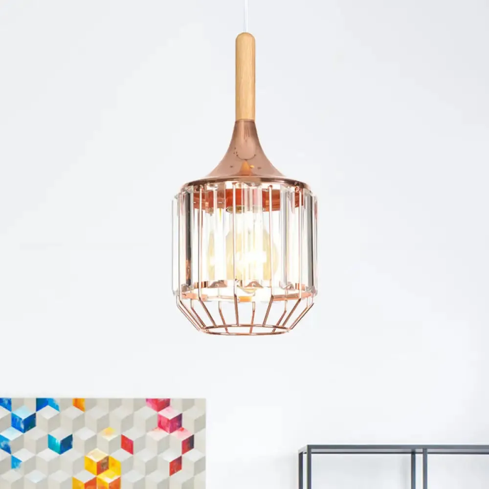 Modern Rose Gold Drum Pendant Light with Metal Cage for Corridor