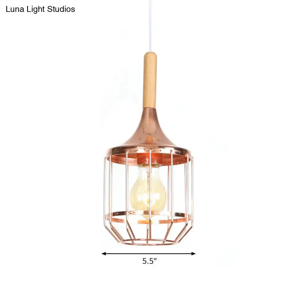 Modern Rose Gold Drum Pendant Light with Metal Cage for Corridor