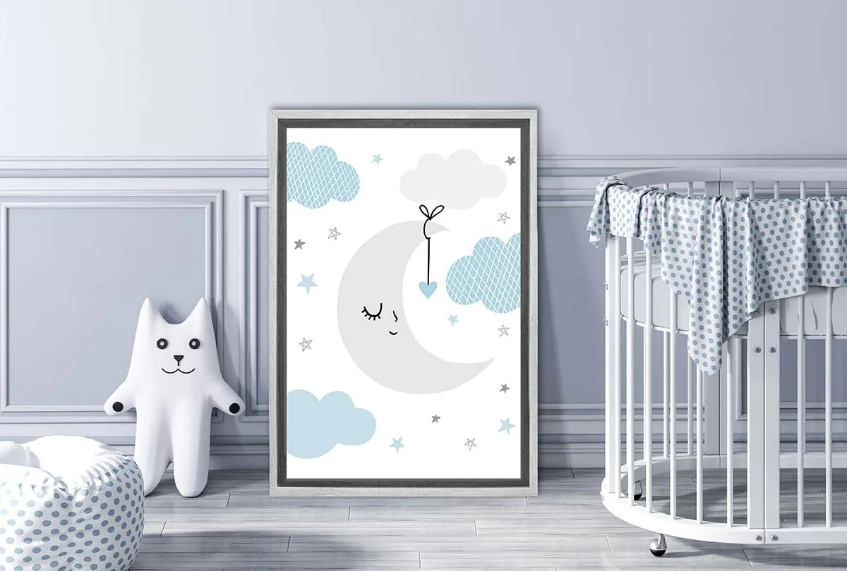 Moon Clouds Stars Blue Grey | Scandinavian Kid's Wall Art Print