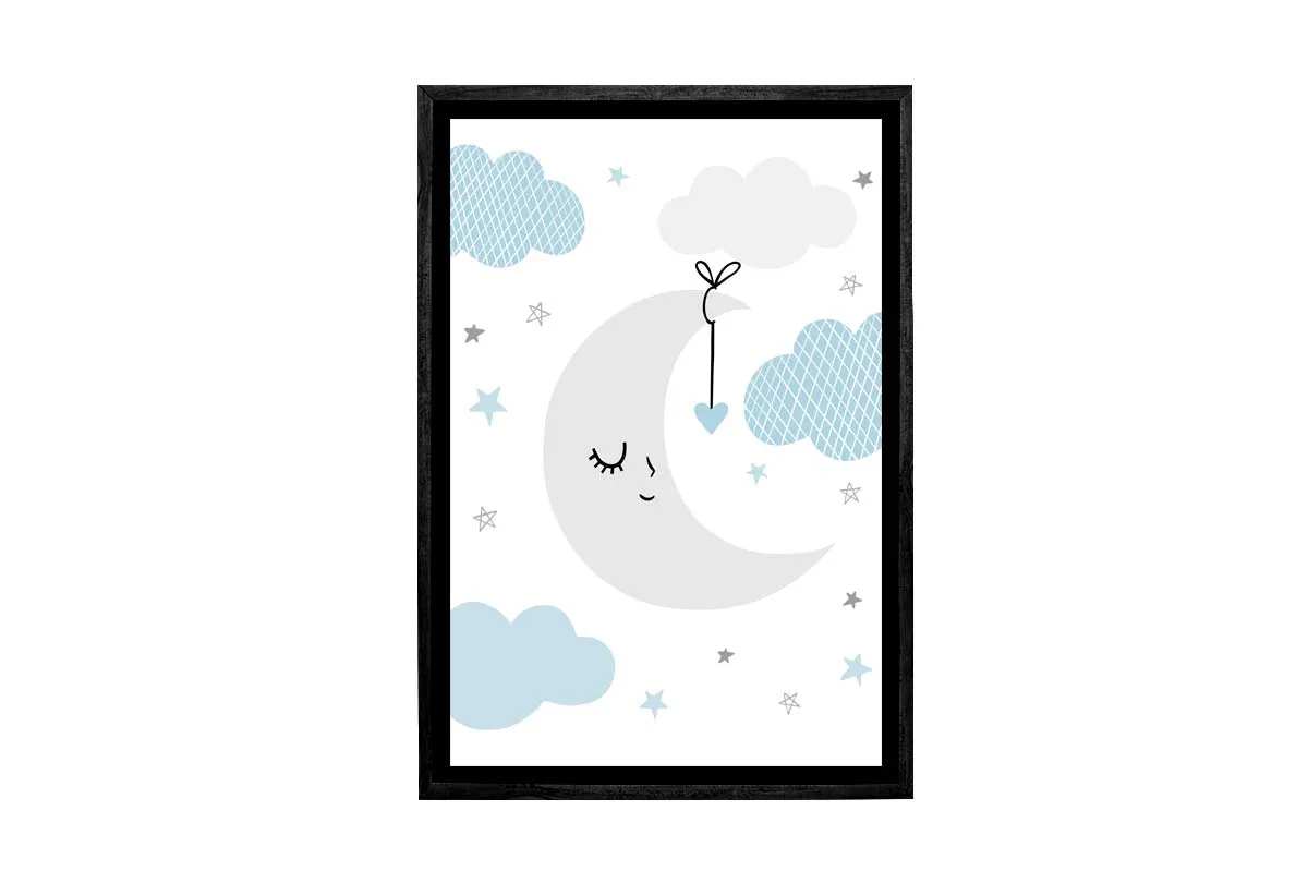 Moon Clouds Stars Blue Grey | Scandinavian Kid's Wall Art Print