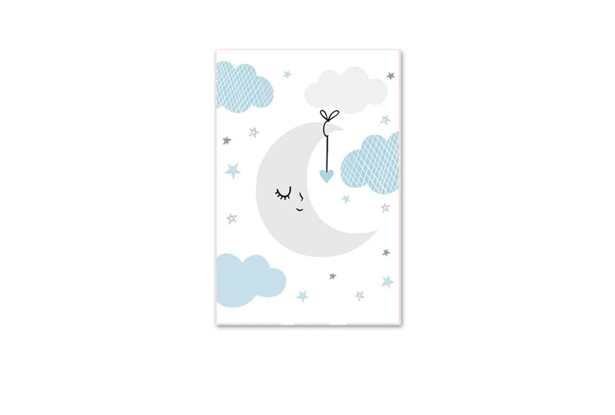 Moon Clouds Stars Blue Grey | Scandinavian Kid's Wall Art Print