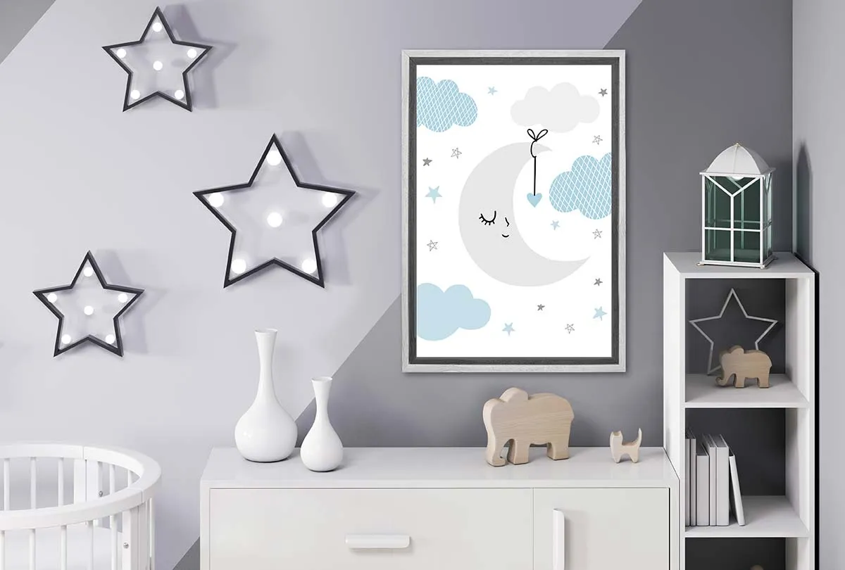 Moon Clouds Stars Blue Grey | Scandinavian Kid's Wall Art Print