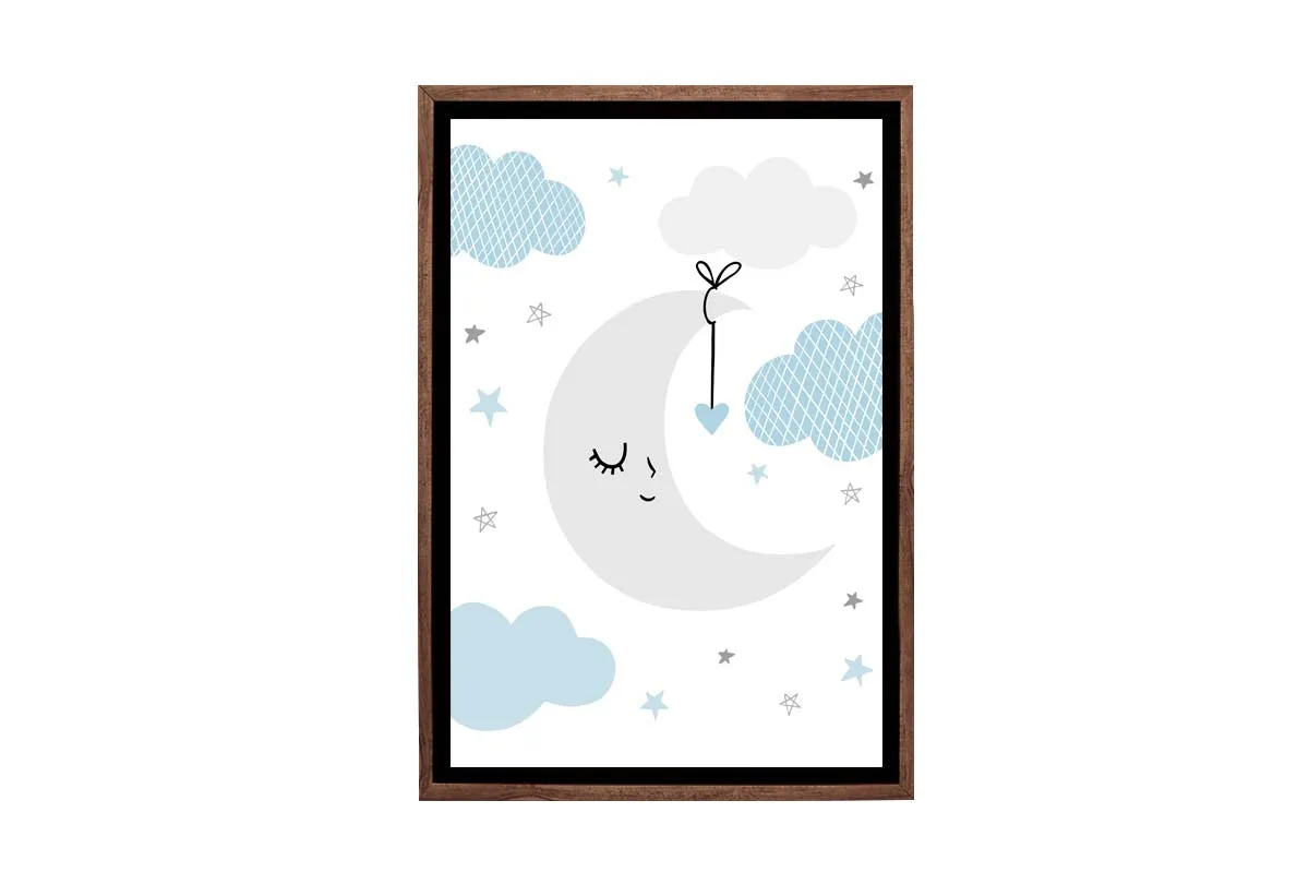 Moon Clouds Stars Blue Grey | Scandinavian Kid's Wall Art Print