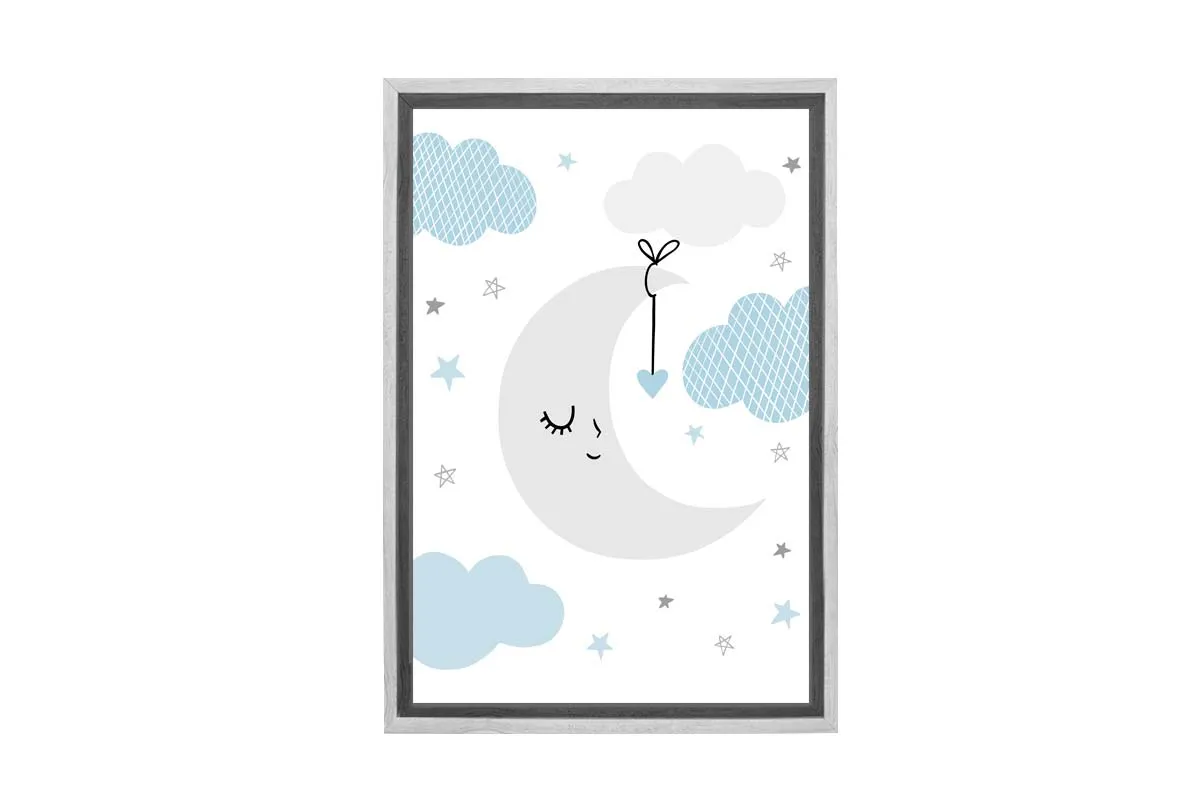 Moon Clouds Stars Blue Grey | Scandinavian Kid's Wall Art Print