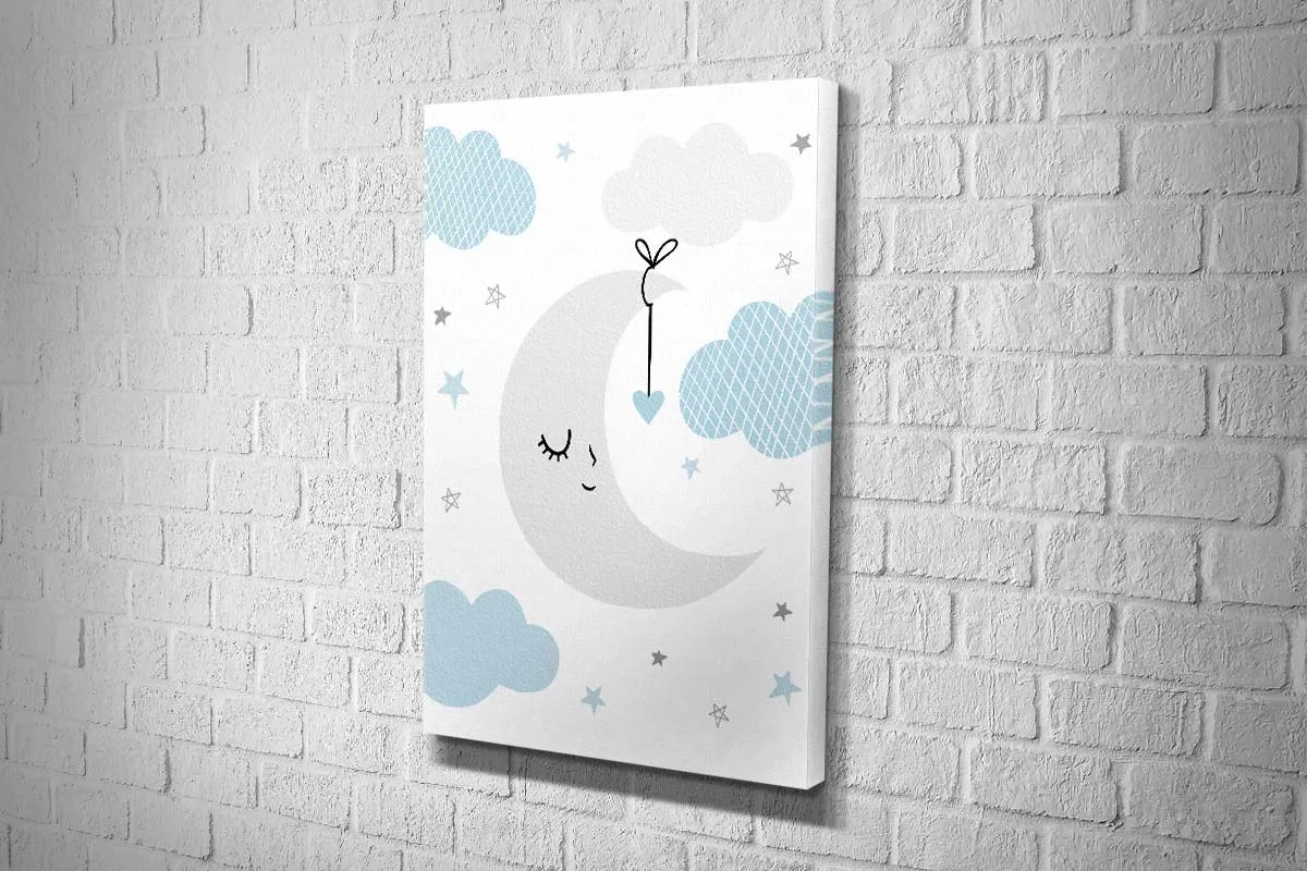 Moon Clouds Stars Blue Grey | Scandinavian Kid's Wall Art Print