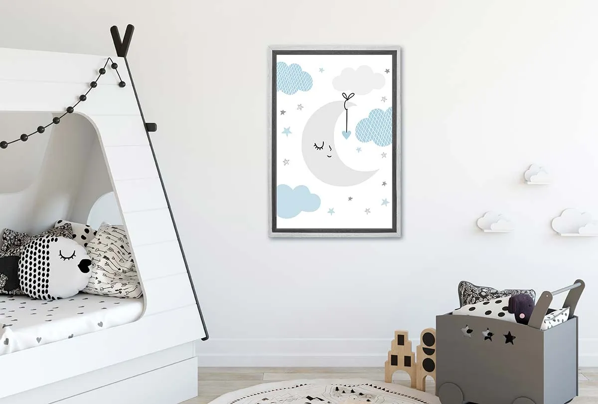 Moon Clouds Stars Blue Grey | Scandinavian Kid's Wall Art Print