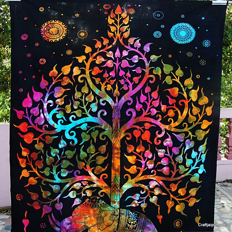 Multi-Elephant Tree Of Life Tie Dyed Wall Hanging Tapestry - CraftJaipur