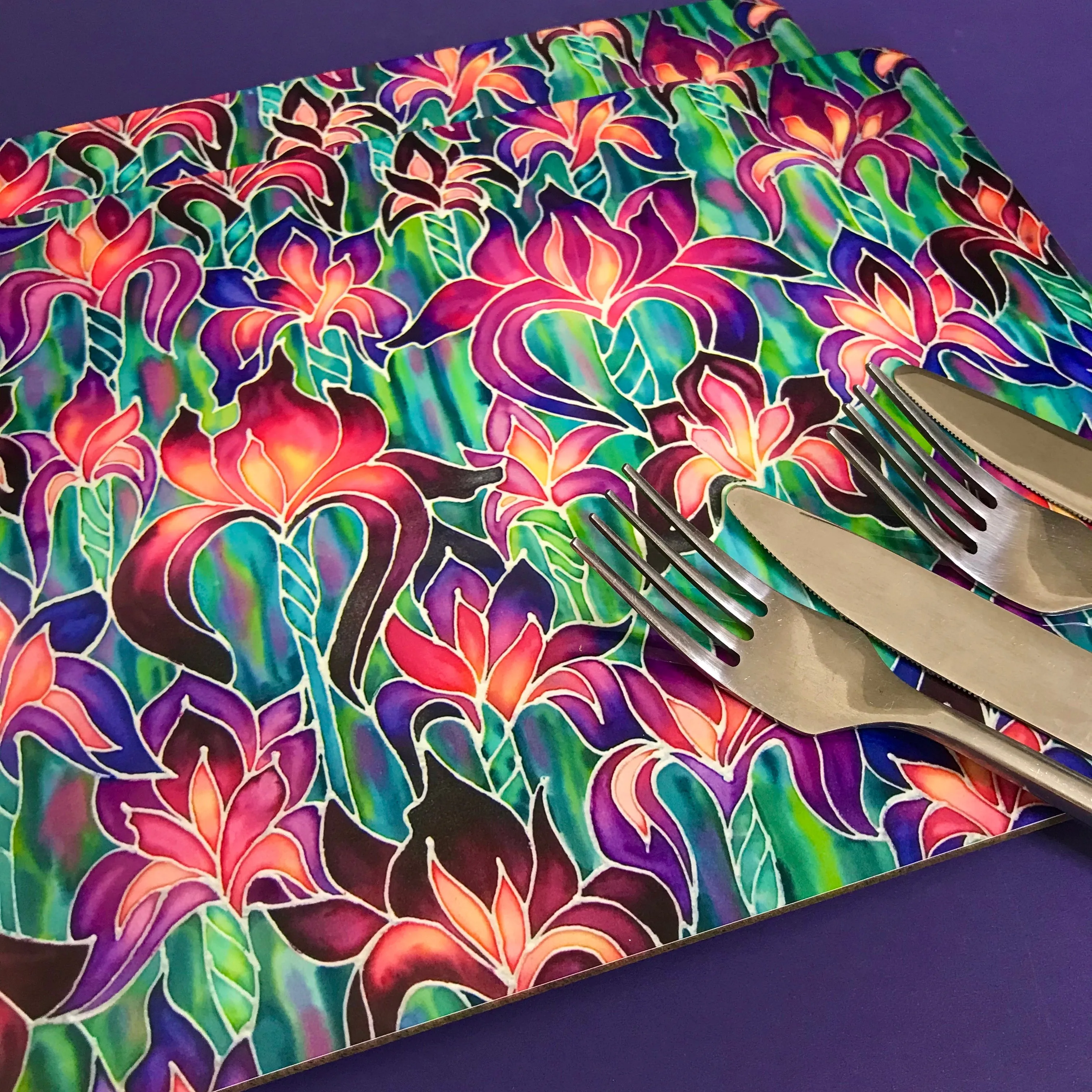 Purple Iris Pattern Table Mats and Coasters - Iris chopping board - Durable Tableware