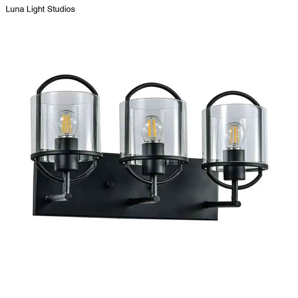 Retro Style Clear Glass Wall Light with Black Cylinder Shades - 3 Heads, Oval Frame Design