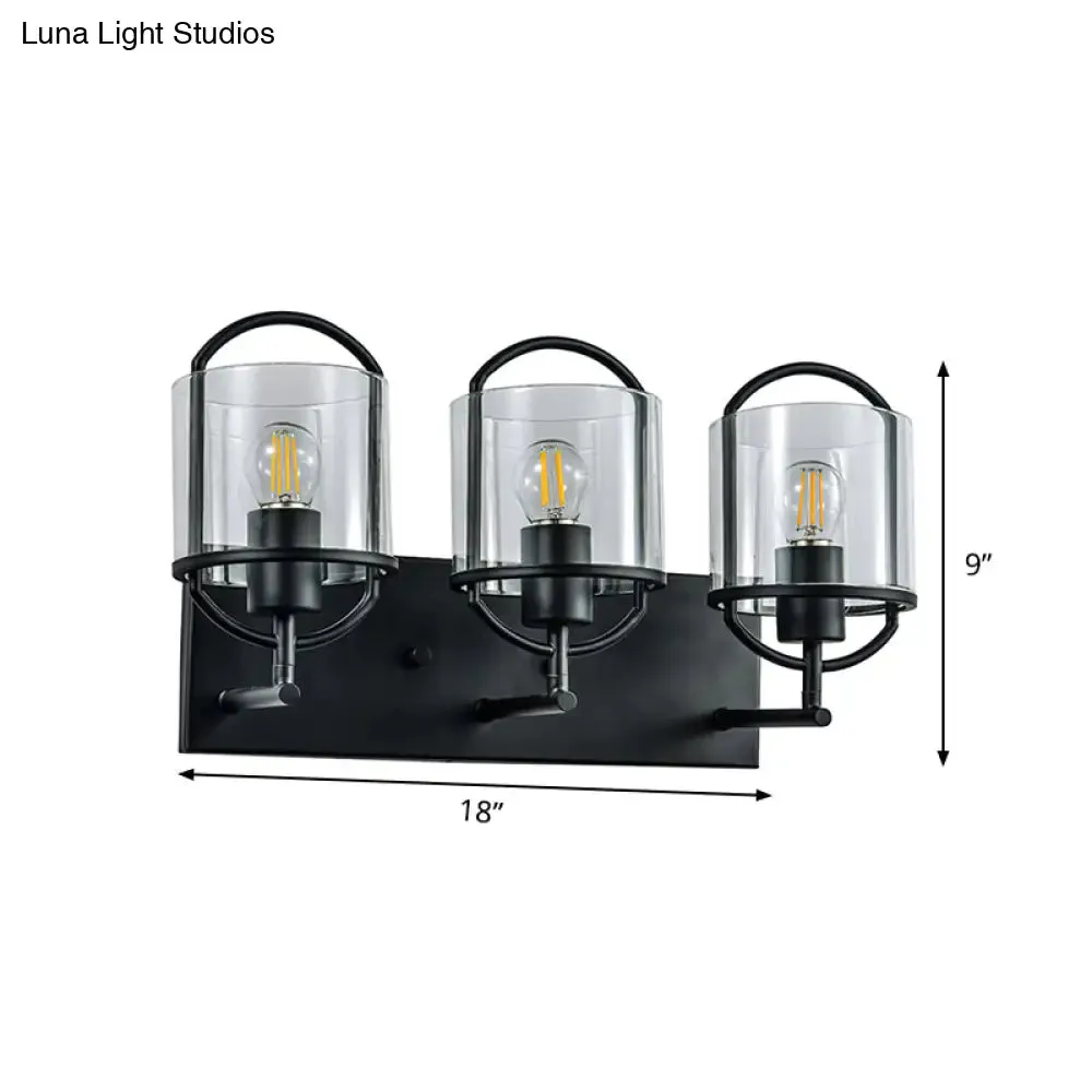 Retro Style Clear Glass Wall Light with Black Cylinder Shades - 3 Heads, Oval Frame Design