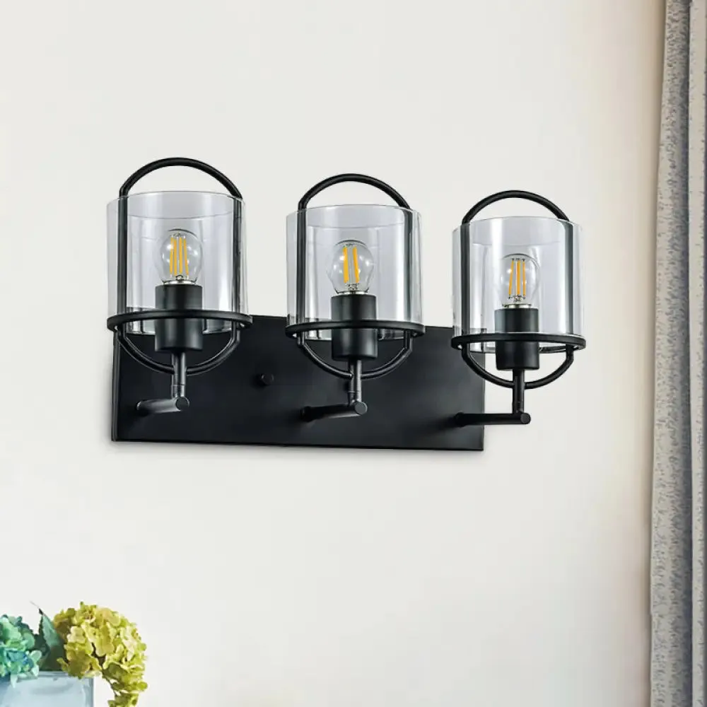 Retro Style Clear Glass Wall Light with Black Cylinder Shades - 3 Heads, Oval Frame Design