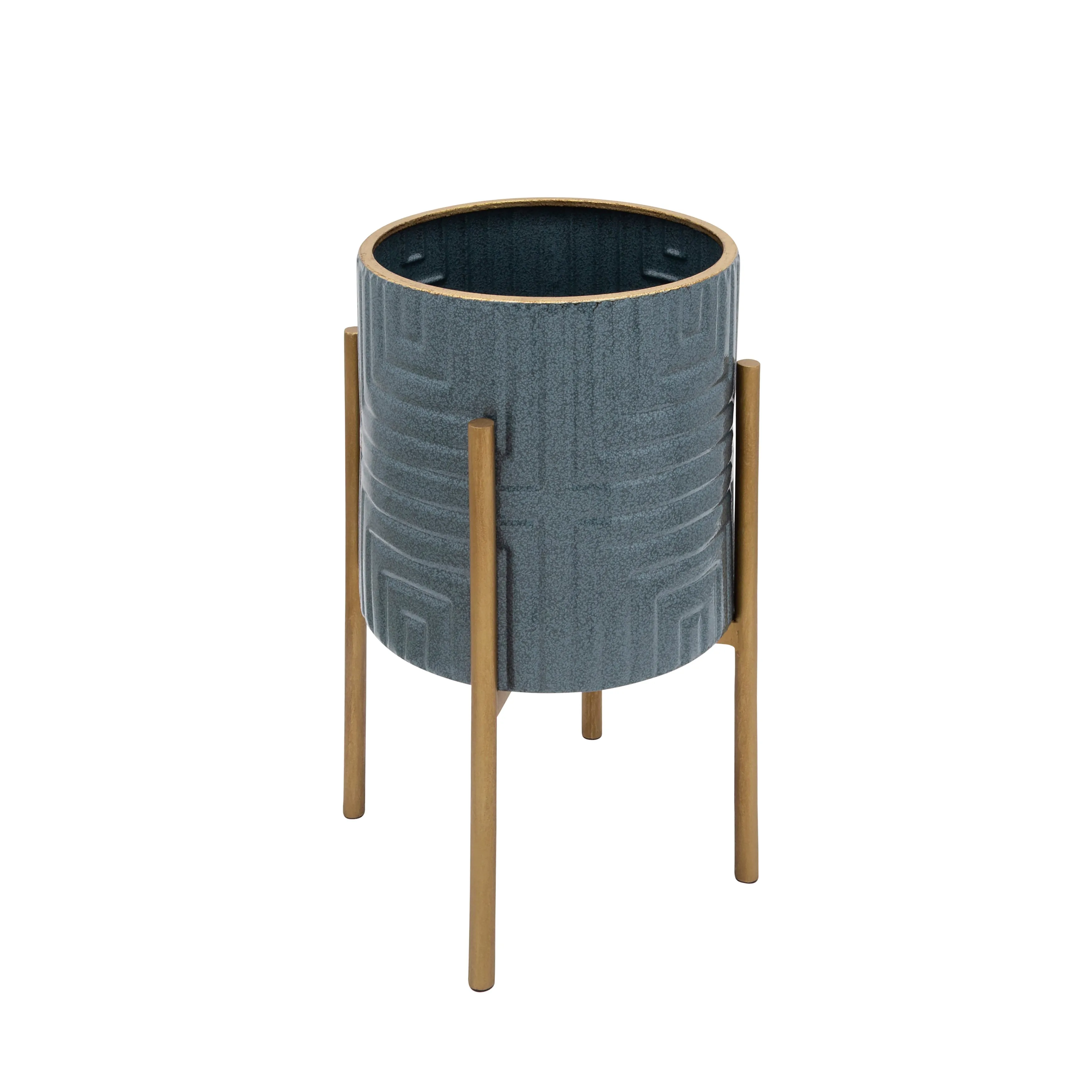 S/2 Planter On Metal Stand, Turq/Gold