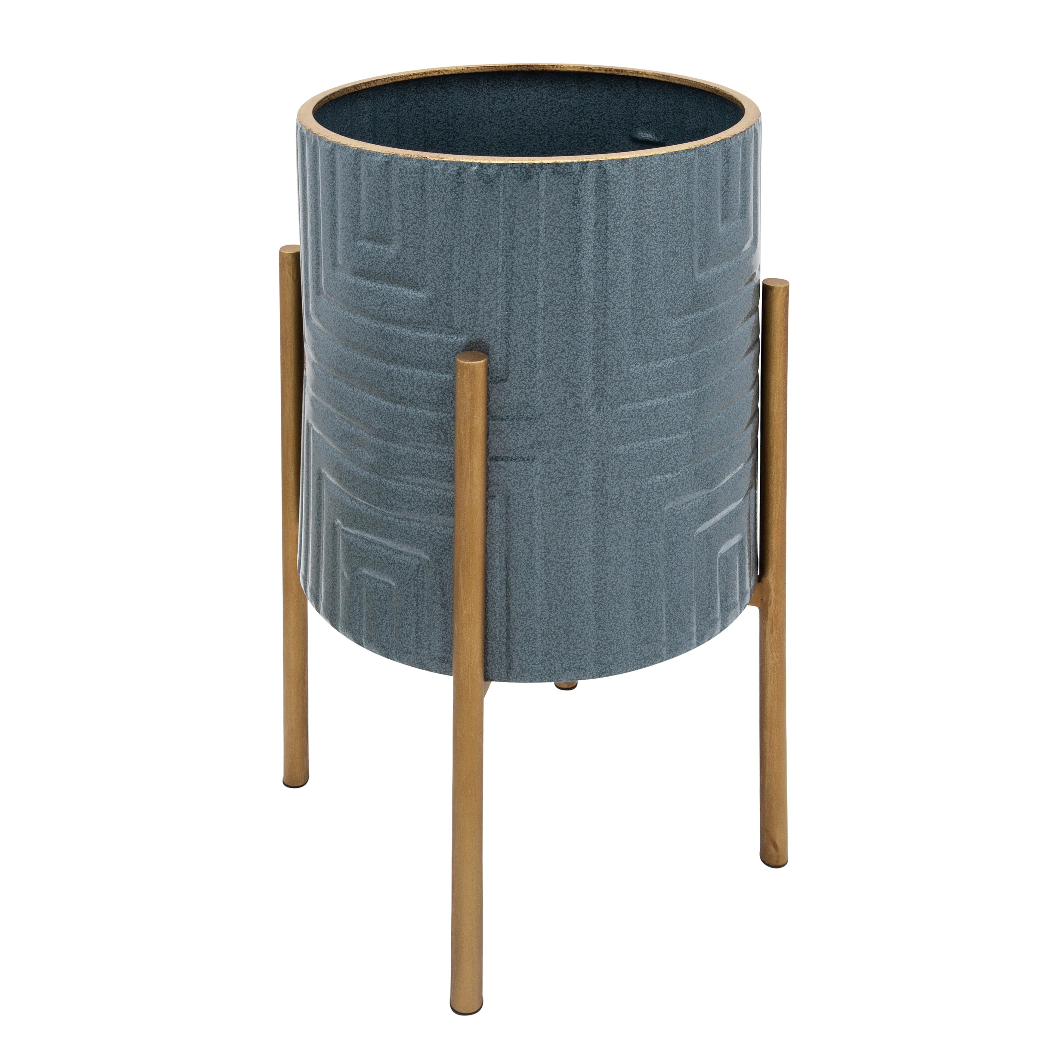 S/2 Planter On Metal Stand, Turq/Gold