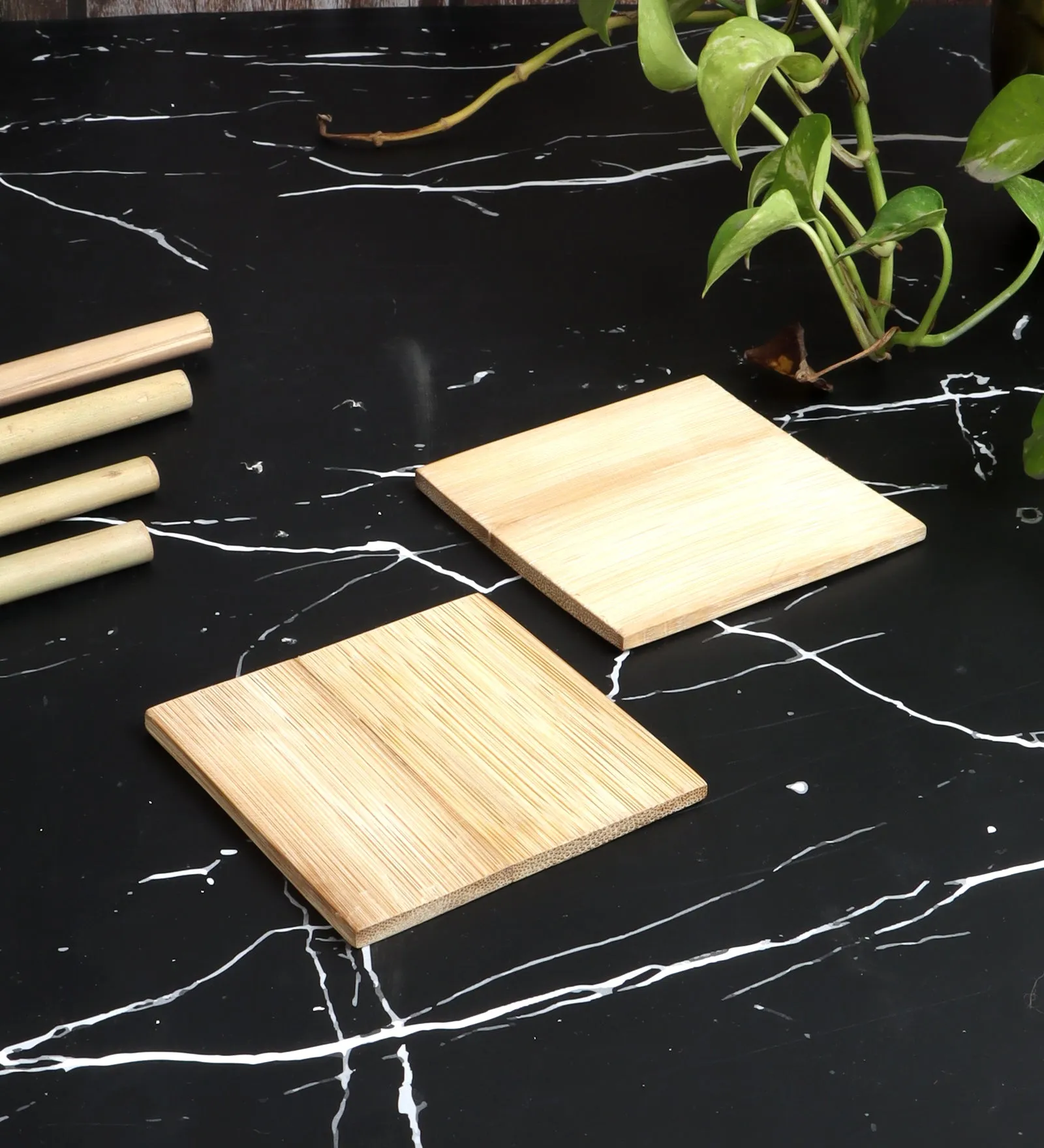 SILPAKARMAN Bamboo Coasters Plain Design- Set Of 6