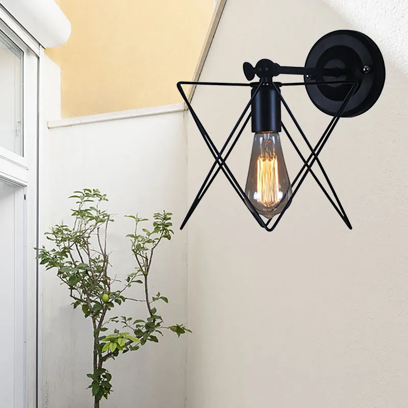 Star Design Wall Lamp - Bulb Included, Wire Frame Style, Industrial Black Metal Sconce Lighting