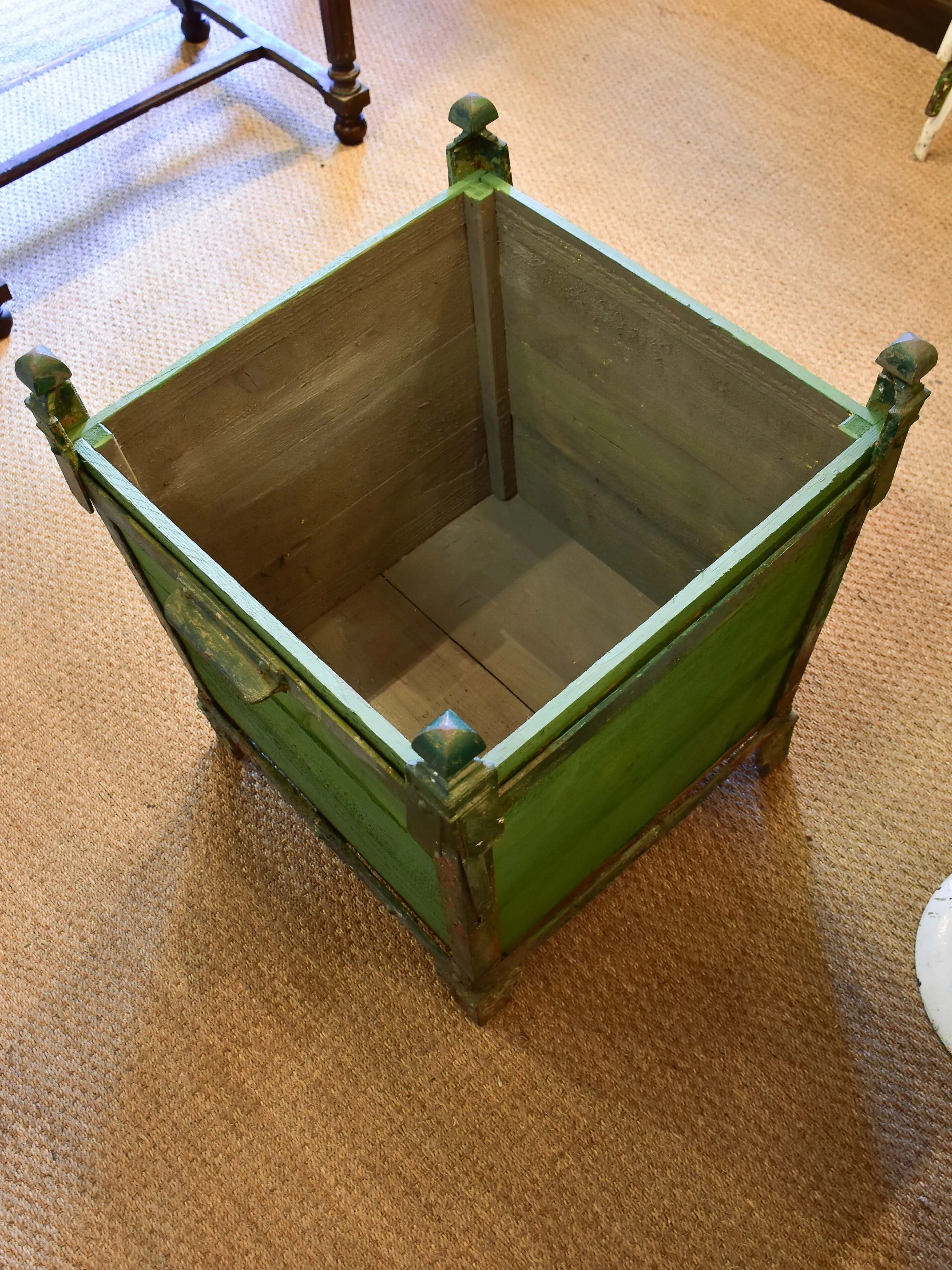 Three antique French garden planters with green finish