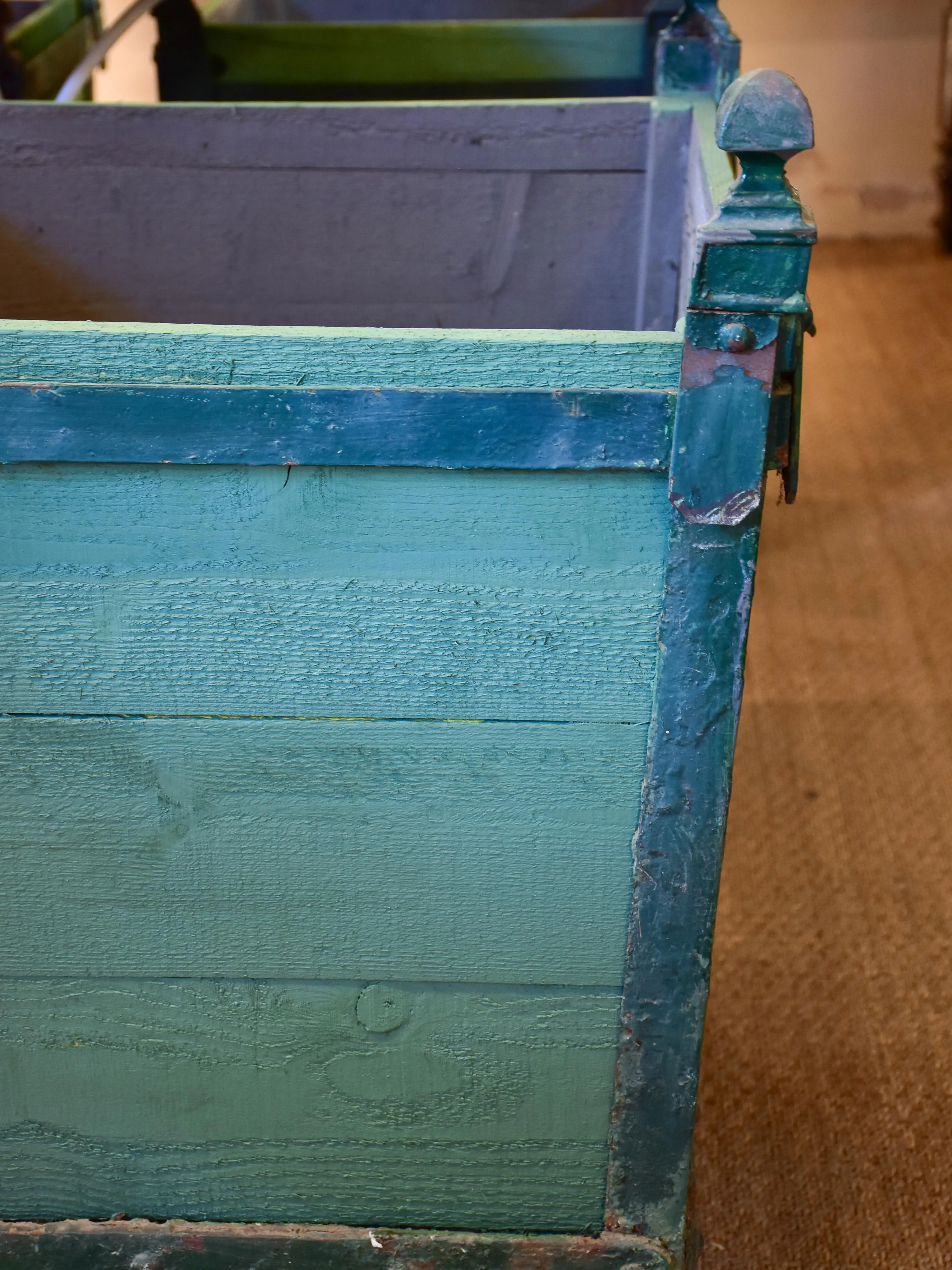 Three antique French garden planters with green finish