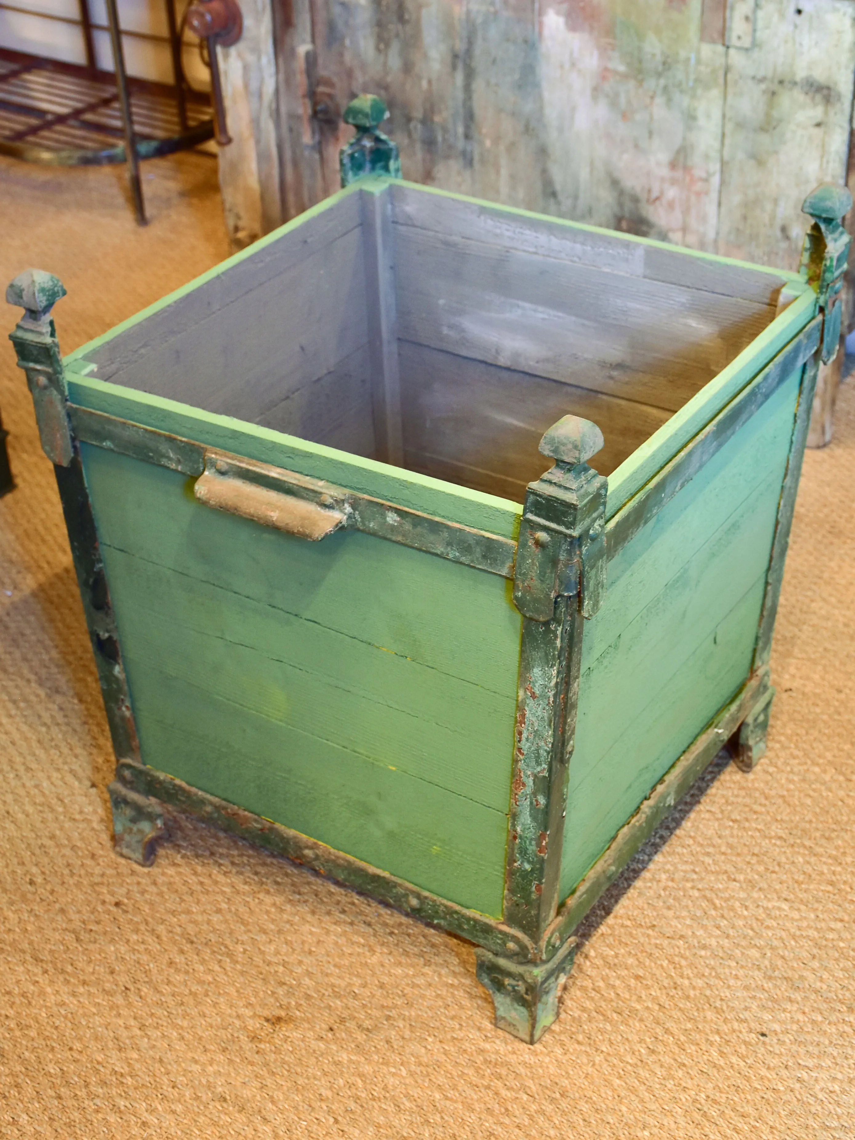 Three antique French garden planters with green finish