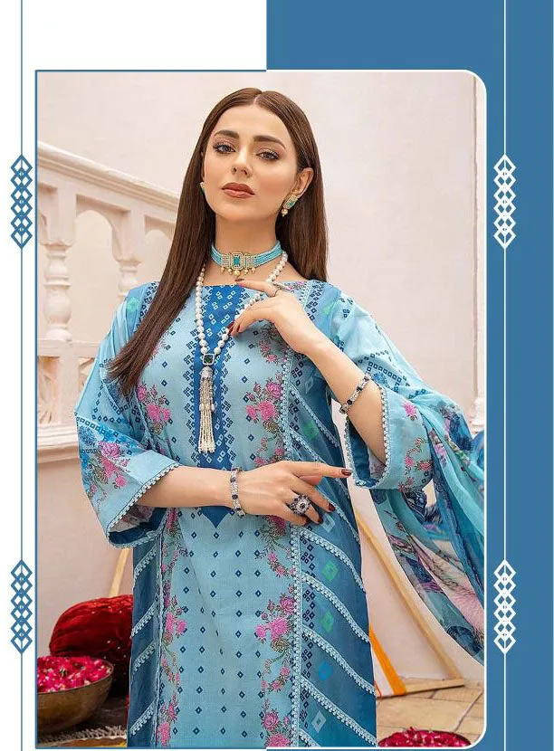 Unstitched Blue Pakistani Style Lawn Cotton Dress Material