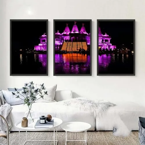 VERRE ART Printed Framed Canvas Painting for Home Decor Office Wall Studio Wall Living Room Decoration (46x27inch (Split in 3 Part) Black Floater) - Ayodhya Ram Mandir Ram Janam Bhoomi 10