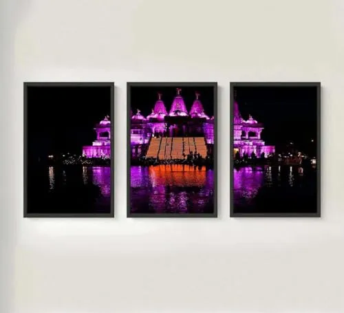 VERRE ART Printed Framed Canvas Painting for Home Decor Office Wall Studio Wall Living Room Decoration (46x27inch (Split in 3 Part) Black Floater) - Ayodhya Ram Mandir Ram Janam Bhoomi 10