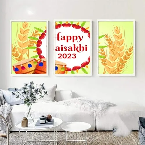 VERRE ART Printed Framed Canvas Painting for Home Decor Office Wall Studio Wall Living Room Decoration (46x27inch (Split in 3 Part) White Floater) - Baisakhi 39