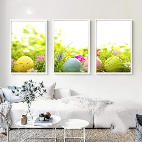 VERRE ART Printed Framed Canvas Painting for Home Decor Office Wall Studio Wall Living Room Decoration (46x27inch (Split in 3 Part) White Floater) - Easter 15