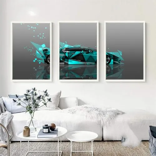 VERRE ART Printed Framed Canvas Painting for Home Decor Office Wall Studio Wall Living Room Decoration (46x27inch (Split in 3 Part) White Floater) - Lamborghini Sesto Elemento Abstract