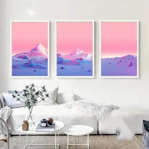 VERRE ART Printed Framed Canvas Painting for Home Decor Office Wall Studio Wall Living Room Decoration (46x27inch (Split in 3 Part) White Floater) - Lowpoly, Mountains